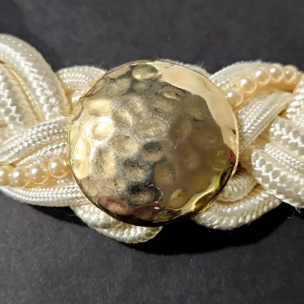Vintage Elegant Ivory Hammered Gold Satin Braided Belt With Pearl Detail Large